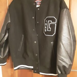 Gap Black Wool Blend Logo Varsity Boyfriend Bomber Faux  Leather Sleeves Size XS